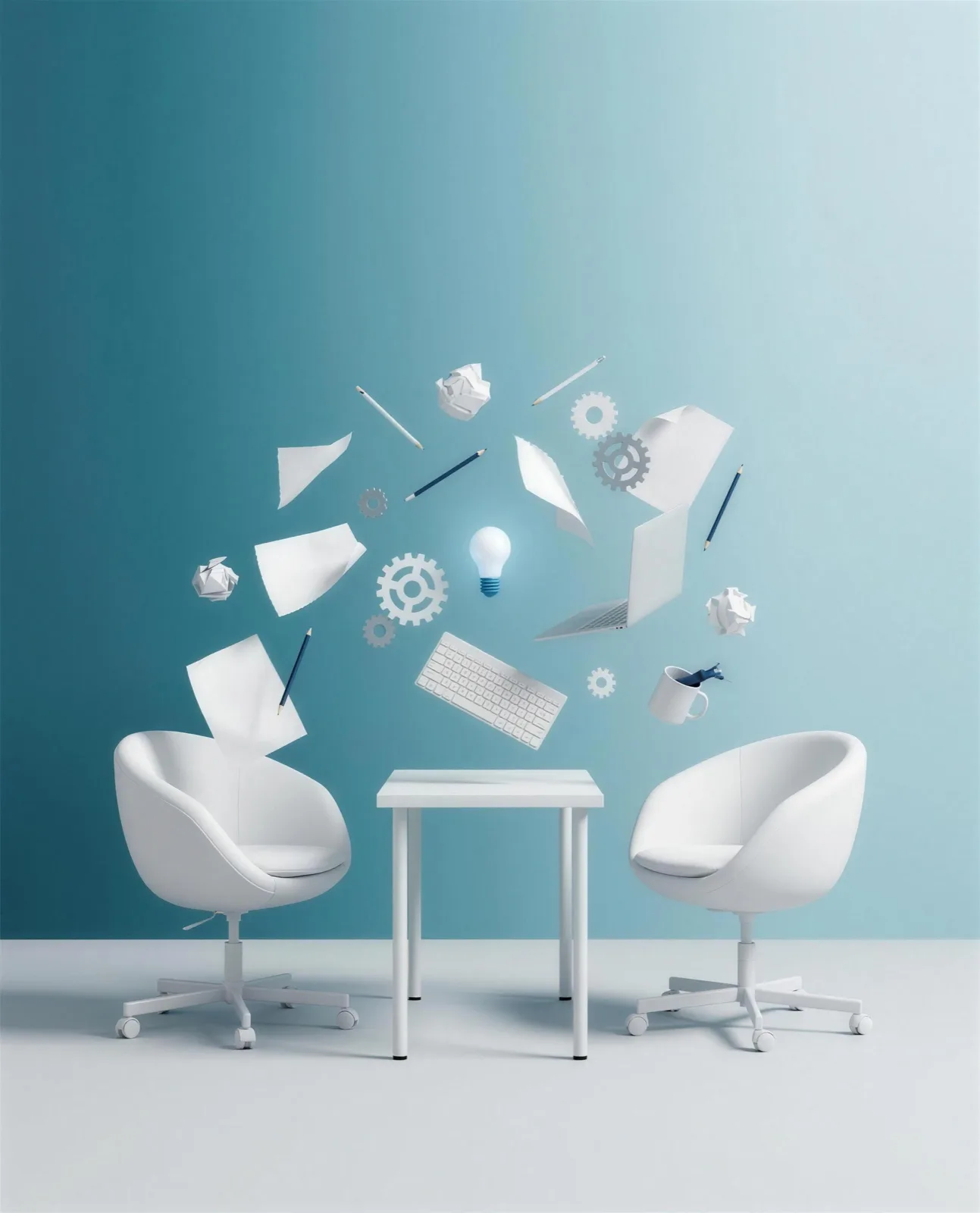 Two chairs facing each other with a whirlwind of work tools suspended between them