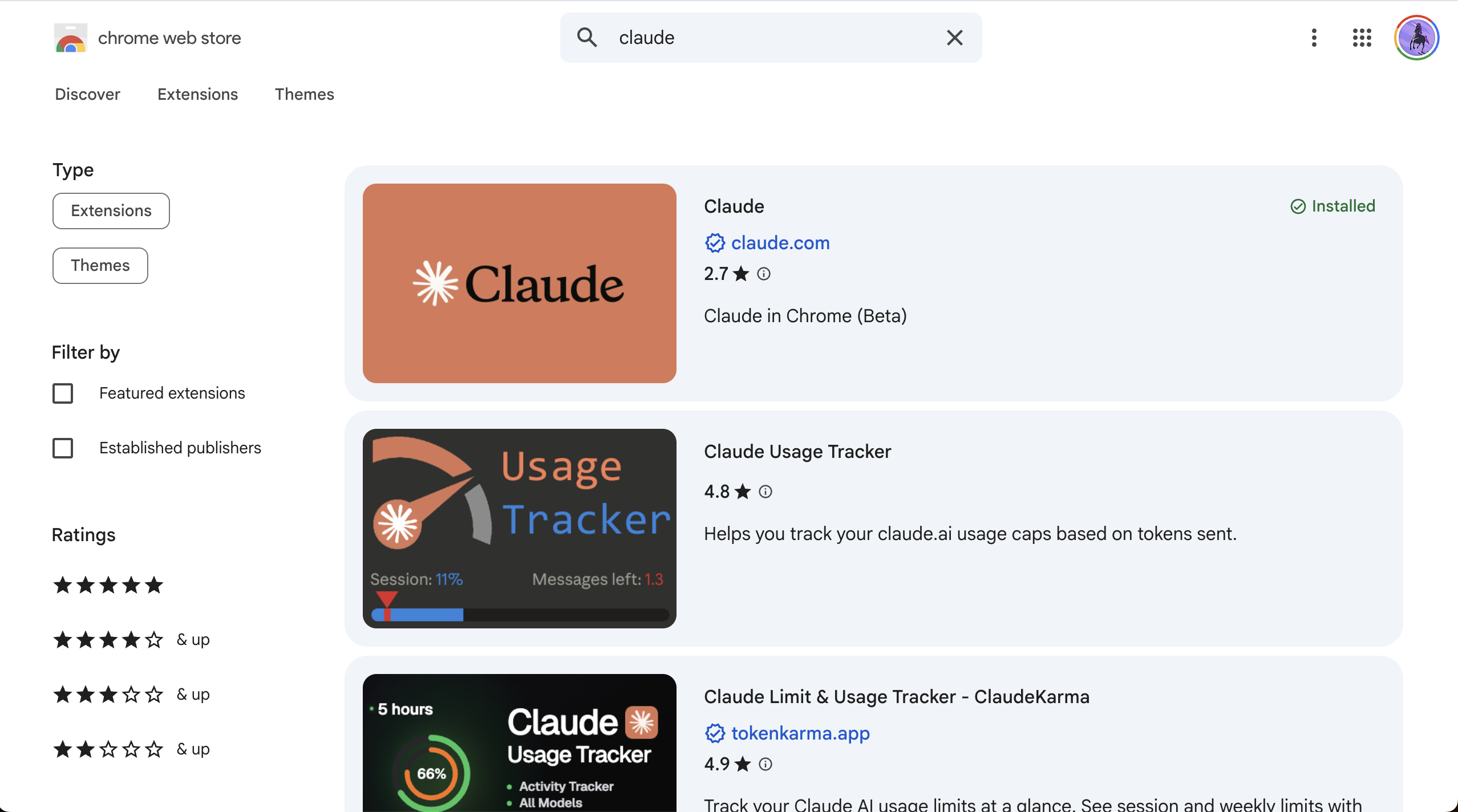 Chrome Web Store — search Claude