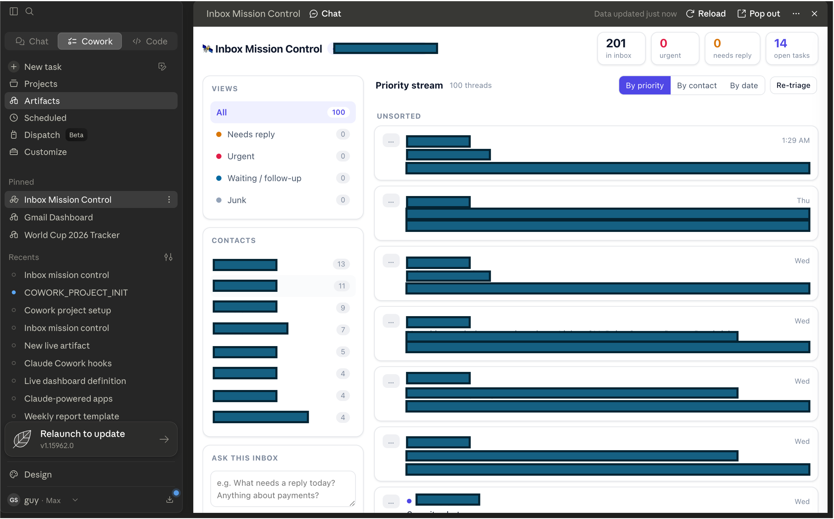 Inbox Mission Control dashboard