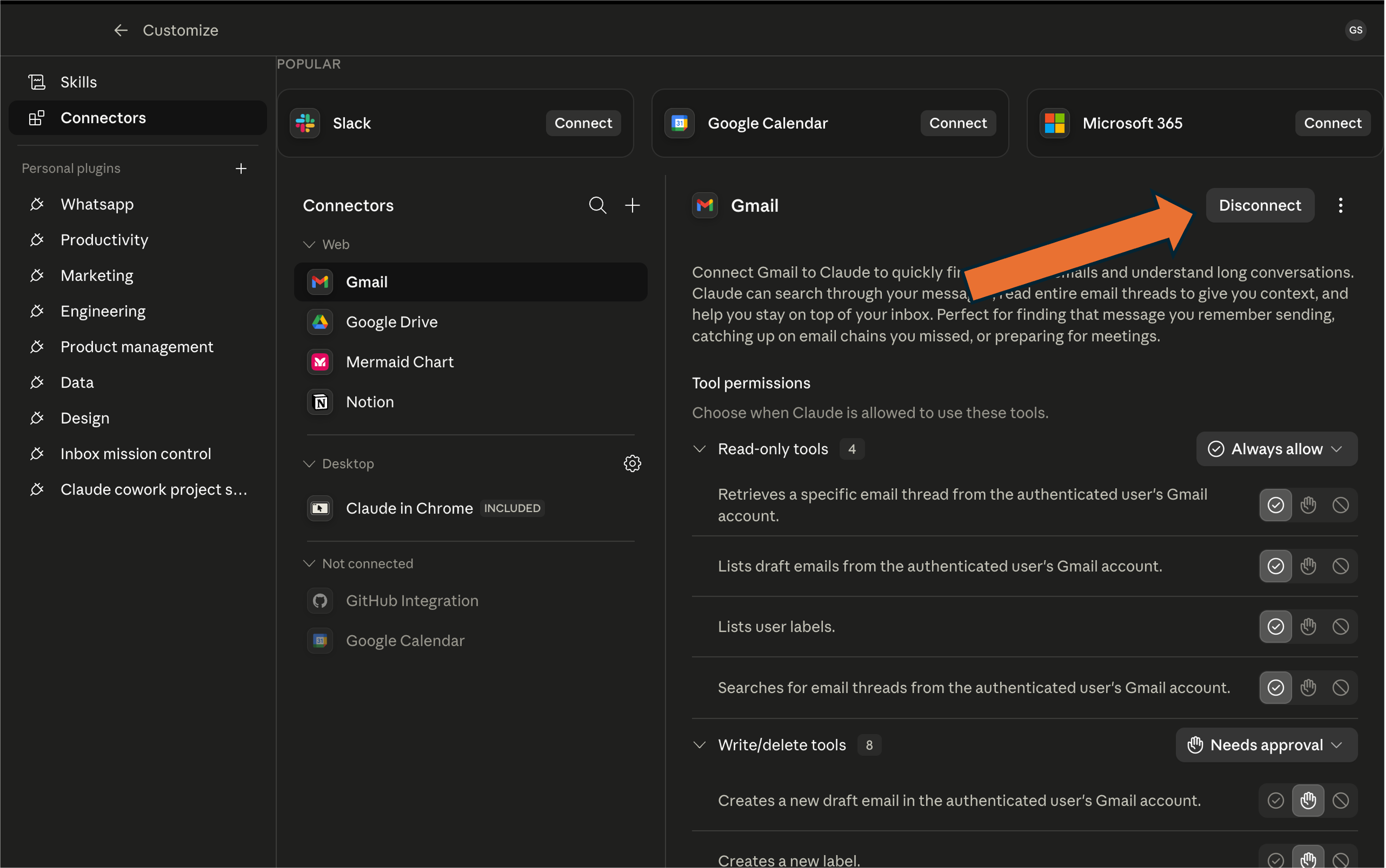Gmail connected in Claude